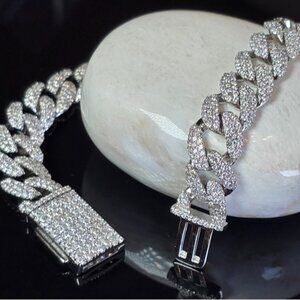 925 Sterling Silver Unisex Cuban Link Bracelet 7" with Real Moissanite Gem